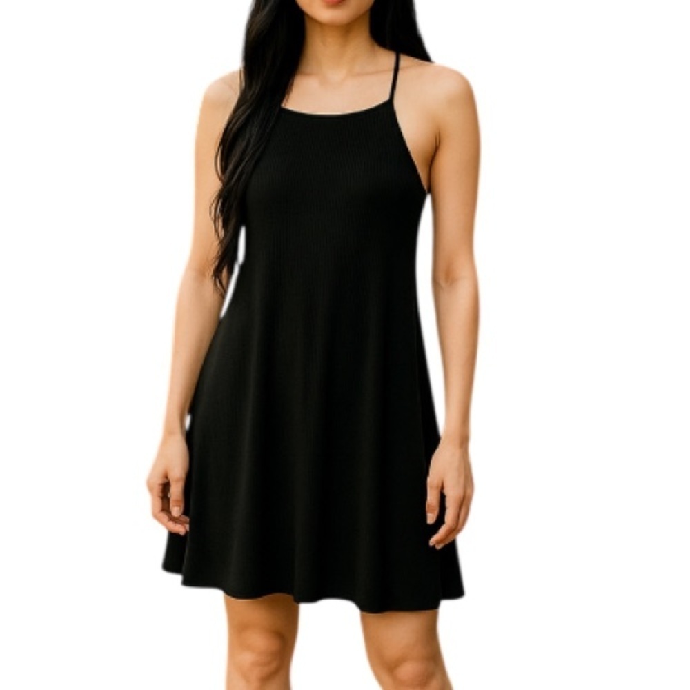 HARLOW Black Ribbed Sleeveless A-line Mini Tank Dress Lined Spaghetti Strap S